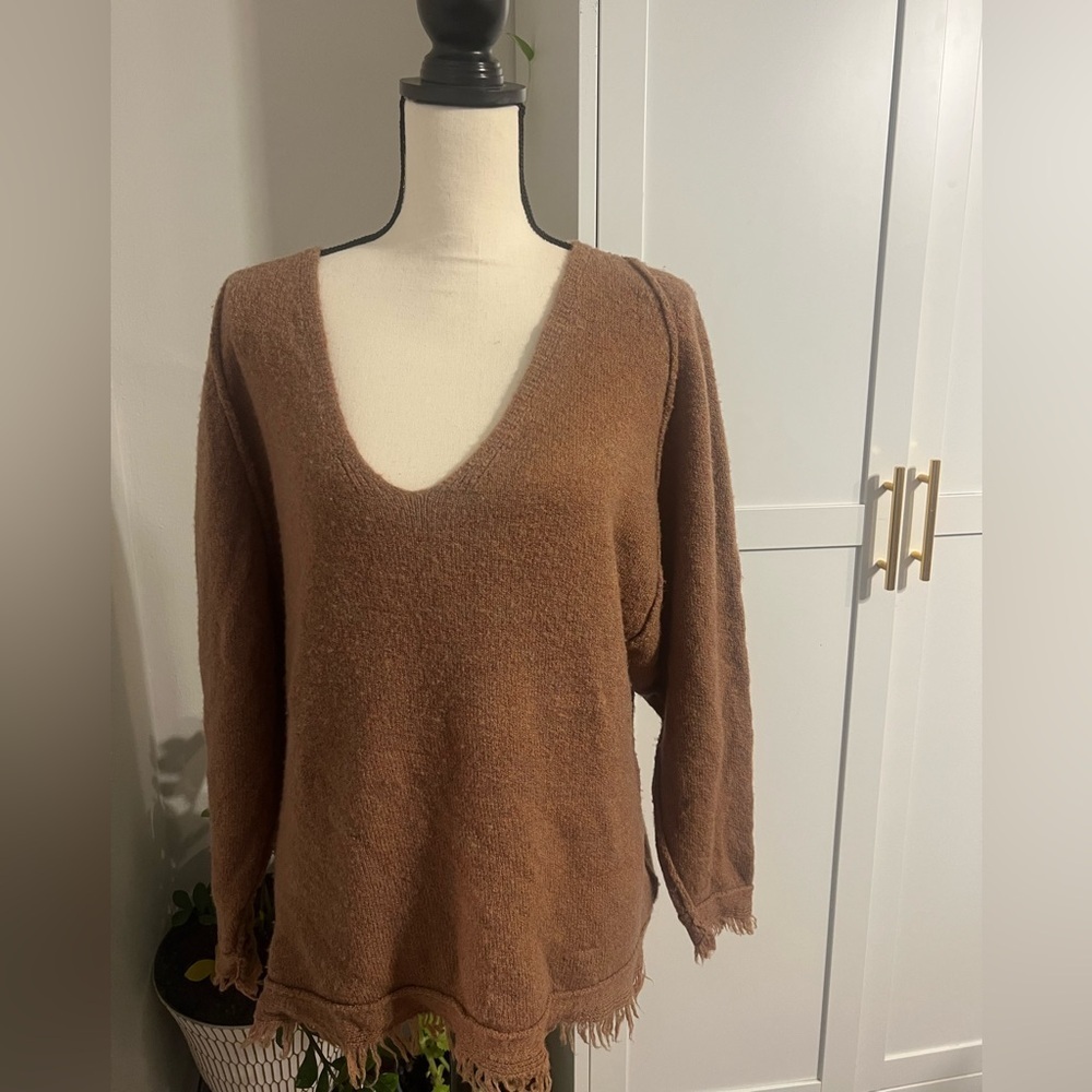 Free People Tan V-Neck Sweater with Fringe - Picture 9 of 13